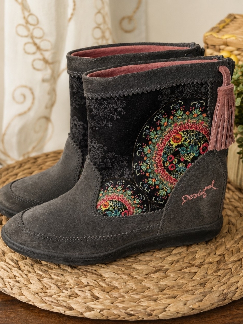Desigual Boho Floral Suede Ankle Boots Tassel Zip EU39 Women's